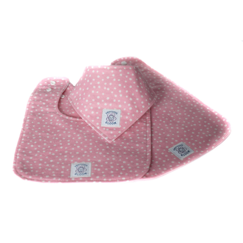 A set of three organic cotton bibs: large, medium and a bandana bib in a Confetti Pink pattern, part of the So Soft Organic Baby Accessories Gift Package.