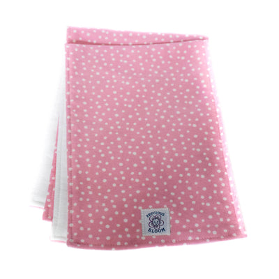 Two organic cotton flannel burp pads in the Confetti Pink pattern, part of the So Soft Organic Baby Accessories Gift Package.