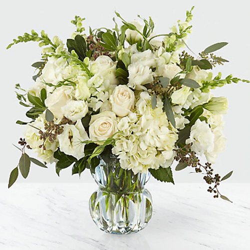 V-All White Assorted Flowers with Greens in a Vase